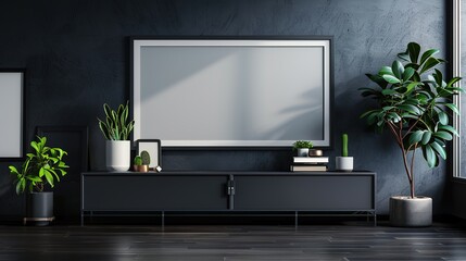 A living room cabinet mockup featuring a dark, blank wall as the backdrop