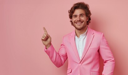 copy space, isolated background, Happy man pointing to side. showing something
