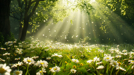 Obraz premium A beautiful clearing in the forest with a meadow full of flowers and sunshine streaming through the trees.