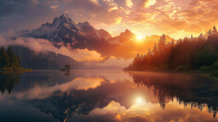 A beautiful landscape with mountains, a lake, and a forest. The sun is setting and the sky is a...