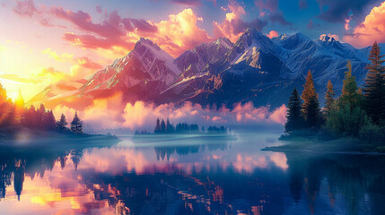 A beautiful landscape image of a mountain lake at sunrise. The sky is a gradient of orange and...