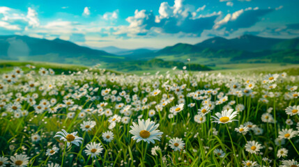 A field of white daisies with yellow centers and green grass under a blue sky with white clouds and mountains in the distance.