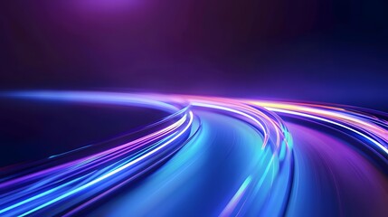 Blue curved light track on purple background, abstract technology and speed concept with glowing lines