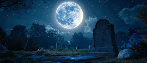 cemetery at night with a large moon in the sky halloween background
