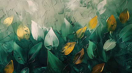 The background is an abstract artistic composition featuring retro, nostalgic brushstrokes. A textured backdrop is used to enhance the appearance. Oil on canvas. Modern Art. floral leaves, green, - obrazy, fototapety, plakaty