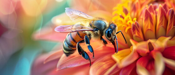 A honeybee clings to the petal of a dahlia, with a luminous bokeh that echoes the warmth of a sunlit garden.