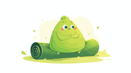 Cartoon green twisted yoga mat mascot showing himse