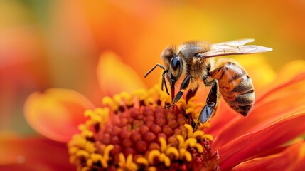 An up-close image capturing the diligent work of a honeybee as it collects pollen and nectar from the lush, radiant petals of an orange dahlia flower, showcasing the intricate relationship. - obrazy, fototapety, plakaty