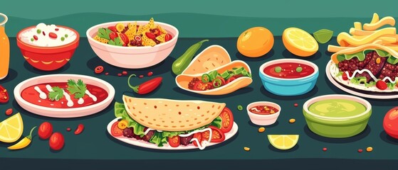 An abundant spread of classic Mexican dishes, including tacos, nachos, salsas, and citrus-infused accompaniments, creating a vibrant and mouth-watering feast.