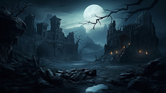 A dark, desolate landscape with a large moon in the sky, halloween background