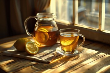 A pitcher of tea with lemon slices and a cup of tea on a table