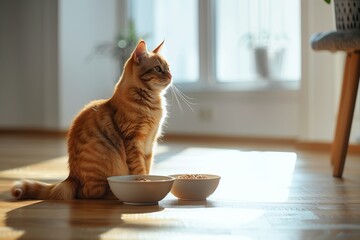 A cat is sitting in front of two bowls of food