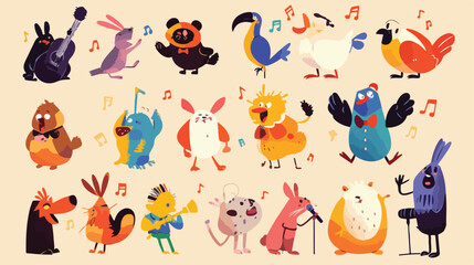 Cartoon happy animals singing collection 2d flat ca