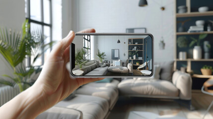 A modern, stylish living room with plush couches, shelving units, and natural light streaming through large windows, captured through the screen of a smartphone held in a person's hand.