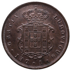 Portuguese coin of X Réis in copper from the reign of Luiz I king of Portugal in the 19th century