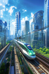 Fototapeta premium A high speed futuristic bullet train passing through a city