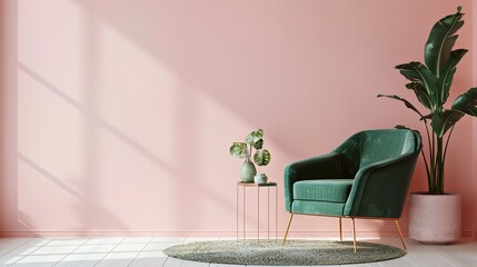 pink space featuring a green armchair