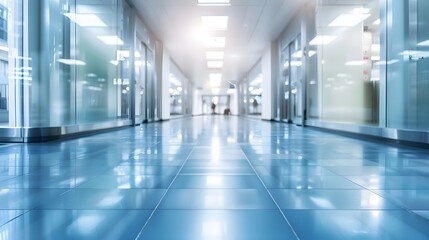 Naklejka na ściany i meble Panoramic light blue blurred background image of a spacious public office corridor or mall space.
