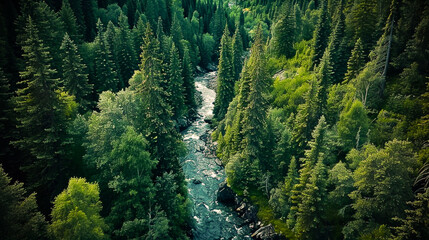 Flight over winding streams in dense forests. Beautiful large green forest with delicate fog. - Powered by Adobe
