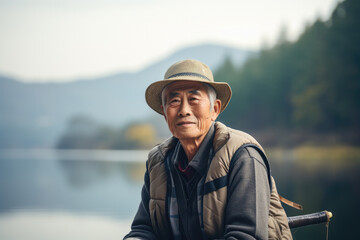 Obraz premium Reflective Elderly Asian Man with Straw Hat Overlooking the Lake