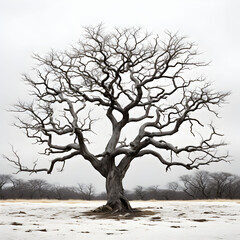 A large leafless tree stood in a field. The sky was overcast and the trees looked bare. Generative AI