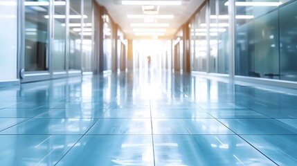Panoramic light blue blurred background image of a spacious public office corridor or mall space.