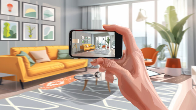 A hand holding a smartphone captures an image of a modern, colorful living room interior, showcasing the potential of virtual home viewing and design exploration.