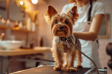 A woman is grooming a small dog on a table