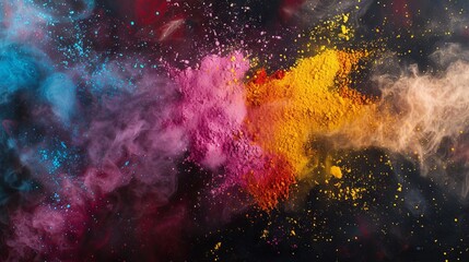 Explosion of bright multicolored powder on a black background