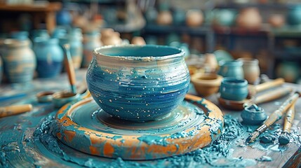 A stunning image in sharp detail features a pottery wheel with a freshly crafted clay pot, embodying the art of pottery making. This image suits artistic applications and educational content