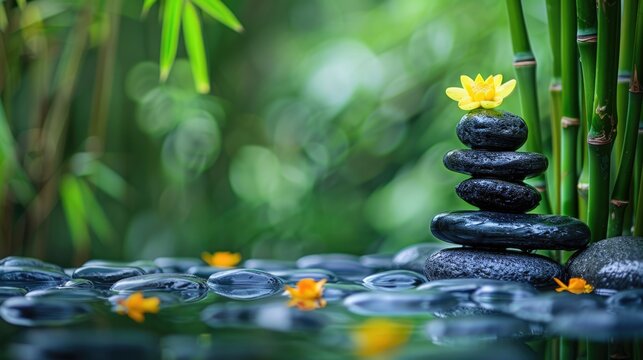 Bambus - Bamboo Leaves in Asian Spa Setting for Relaxation, Wellness and Feng Shui