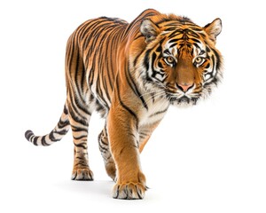 Obraz premium Big Cat in Action: Tiger Walking on White Background - Front View of Tiger in Motion, Isolated White Background, Felino Wildlife Animal Photography