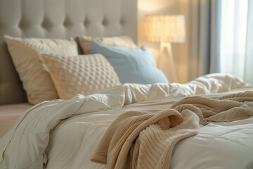 A bed with a white comforter and a brown blanket