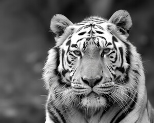 Black and White Tiger Face close-up - Stunning Image of Wild Carnivorous Mammal Predatory Animal
