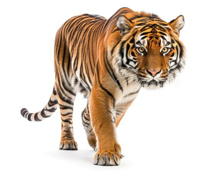 Big Cat in Action: Tiger Walking on White Background - Front View of Tiger in Motion, Isolated White Background, Felino Wildlife Animal Photography