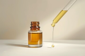 A bottle of oil is being poured into a glass