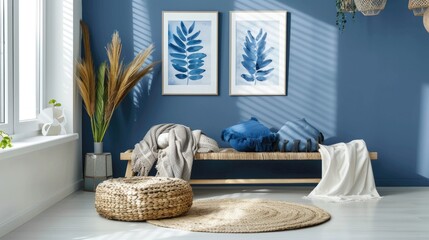 Blue Accents in Living Room Interior. Real Photo with Wicker Pouf and Poster Collection