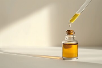 A bottle of oil is being poured into a glass