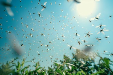 A field of grass is covered in a swarm of insects