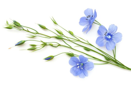 Blue Flax Flowers Isolated on White Background - Herb and Plant Closeup with Bloom and Macro Shot of Stem and Grass
