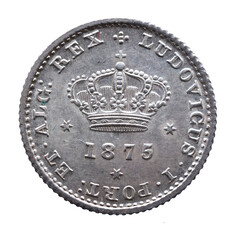 Portuguese silver coin of 50 Reis from the reign of Luiz I. Crown with the year 1875 below