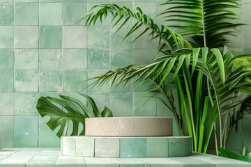 A green tile wall with a plant in the foreground