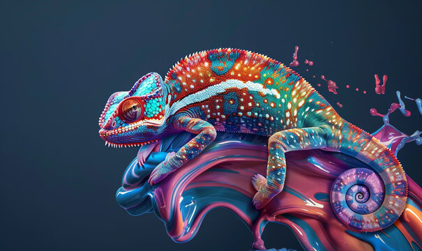 A colorful chameleon sits on top of a liquid paint splash against a dark blue background,