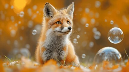 orange fox in autumn with soap bubbles floating around it. 