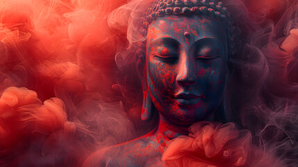 Ethereal Psychic Waves Enveloping Serene Buddha in Spiritual Euphoria - Stock Photo of Mindfulness Inspiration