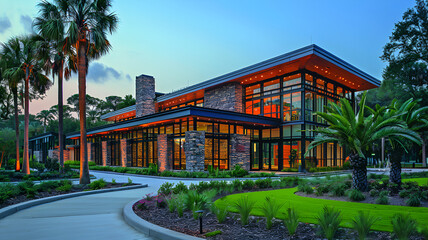 Sustainable Glass Office Building with Integrated Greenery: Eco-Friendly Corporate Architecture.


