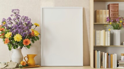 Blank white vertical poster mockup with frame in aspect ratio. in the living room The frame sits in front of everything. This room is decorated in a simple and delicate beige family home style