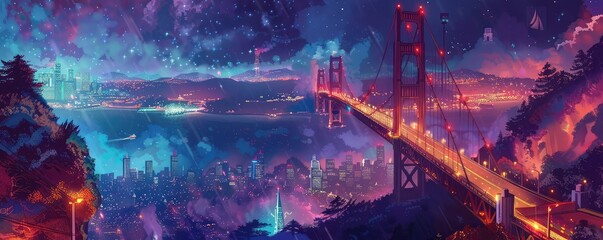Futuristic cityscape and bridge under starry sky
