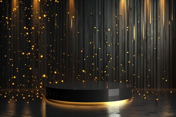 A black and gold background with a black pedestal in the center