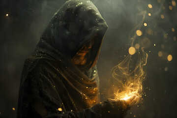 A hooded man, cloaked in shadow.  In his hands, he holds an ancient amulet, its surface softly glowing with an ethereal light. The glow of the amulet casts intricate patterns of light and shadow